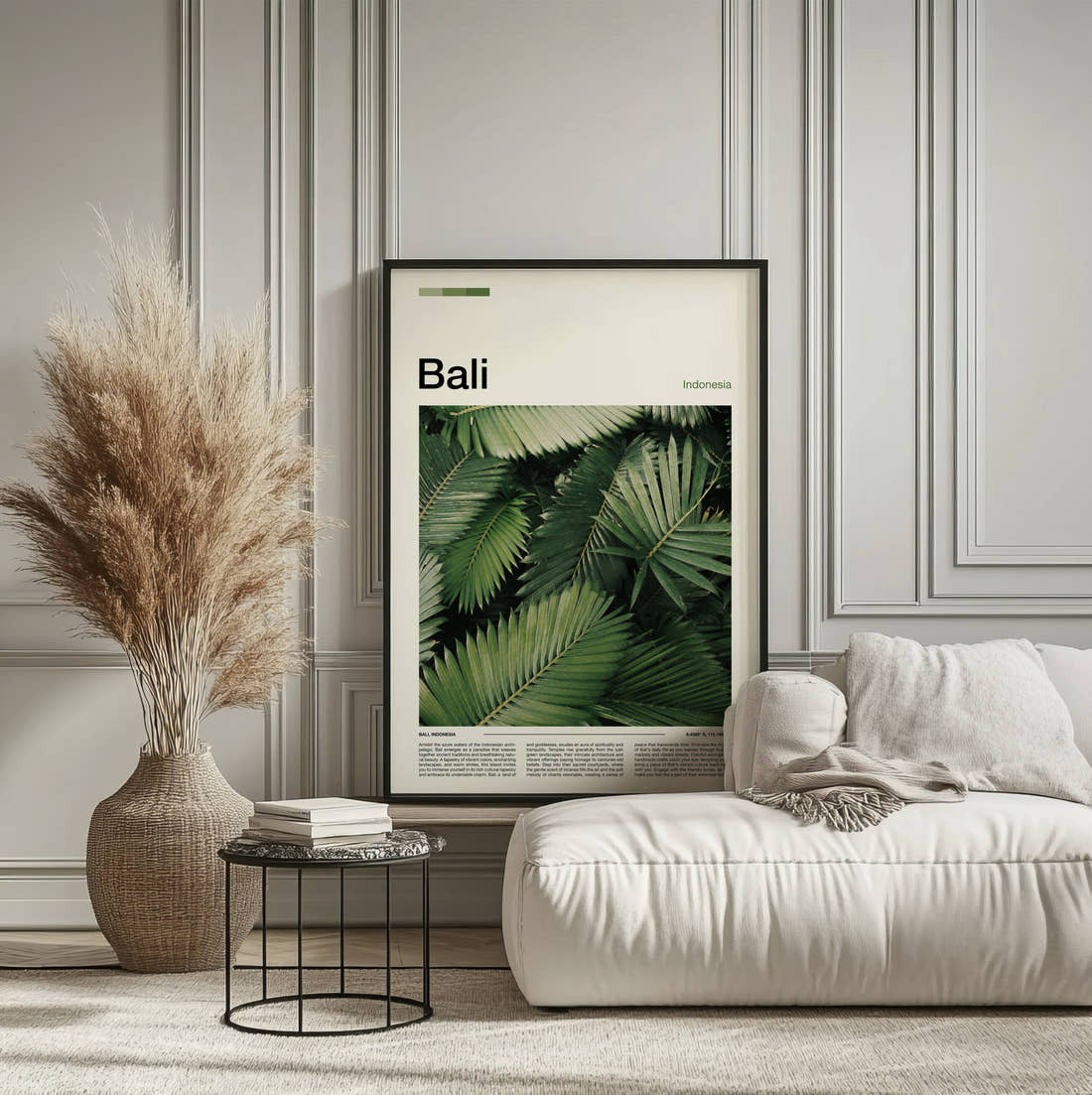 Bali Palm Leaves Travel Print framed on the wall of a calm, neutral bedroom