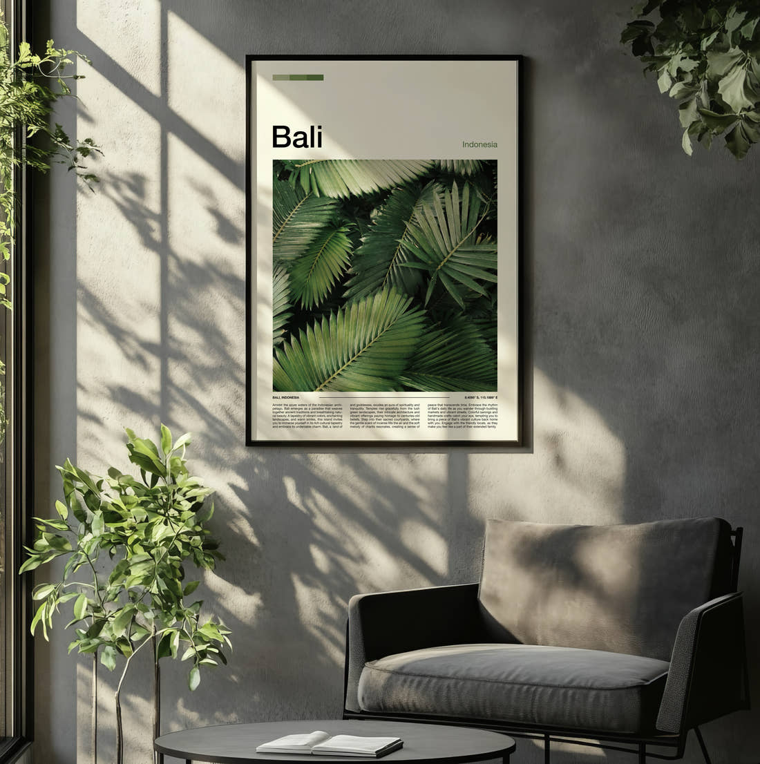 Bali Palm Leaves Travel Print framed on the wall of a relaxed living room