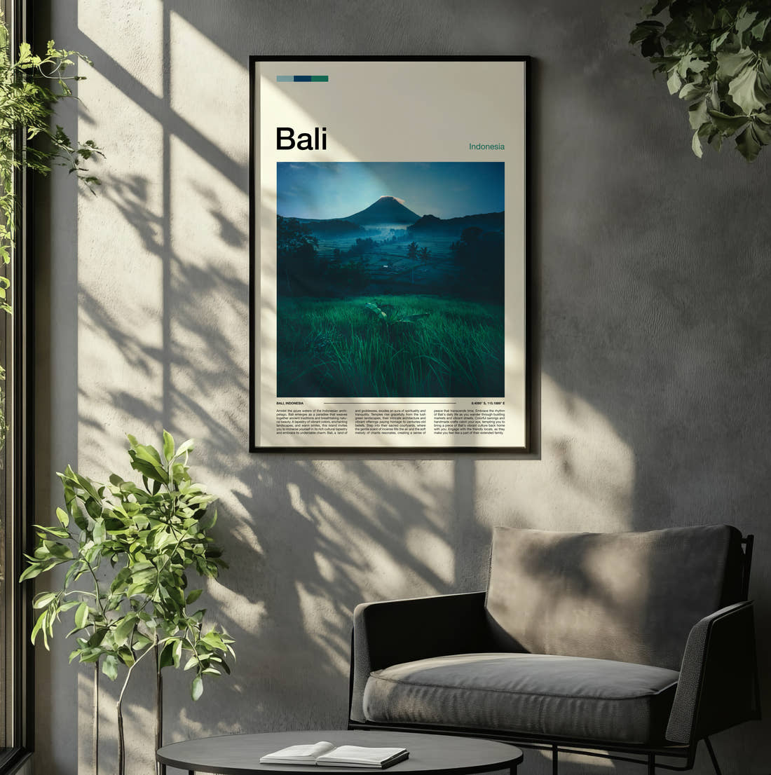 Bali Volcano At Dusk Travel Print framed on the wall of a relaxed living room