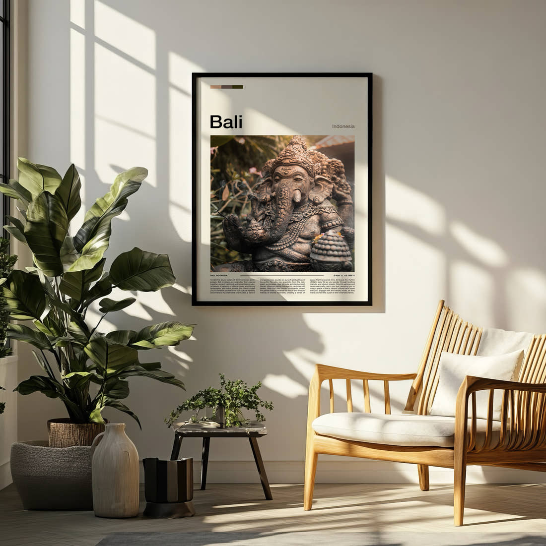 Bali Ganesha Statue Travel Print framed on a pale wall beside houseplants
