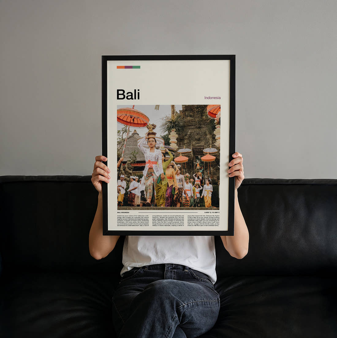 Bali Traditional Dancers Travel Print held up by hand to show the size of the print
