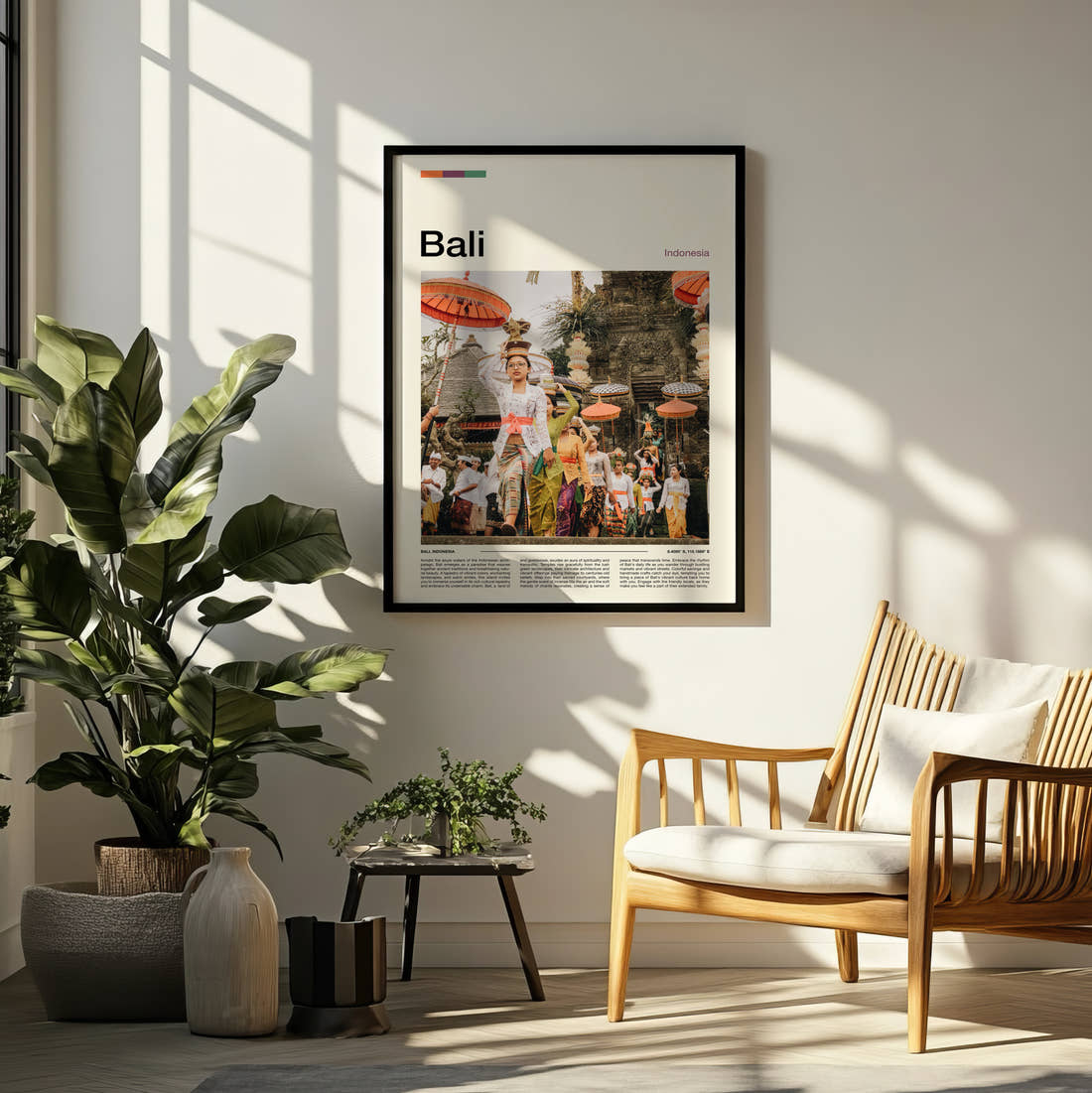 Bali Traditional Dancers Travel Print framed on a pale wall beside houseplants