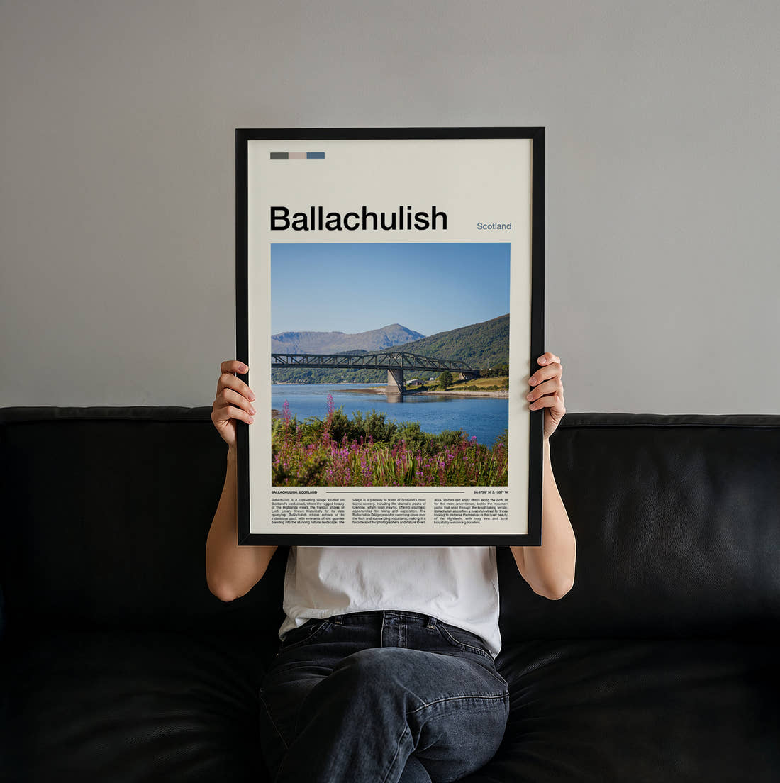 Ballachulish Bridge Over The Loch Travel Print held up by hand to show the size of the print