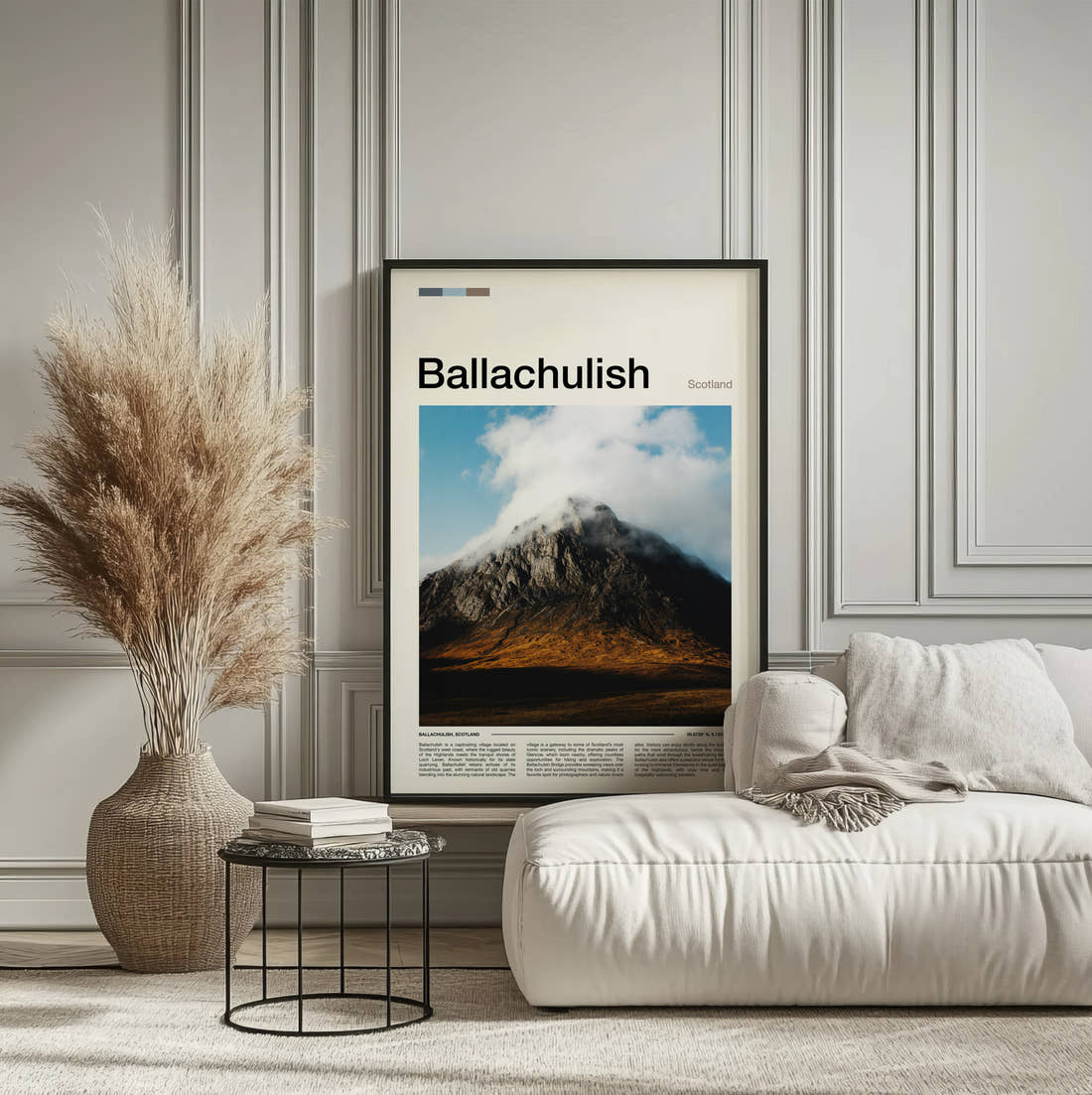 Ballachulish Mountain Peak In Cloud Travel Print framed on the wall of a calm, neutral bedroom