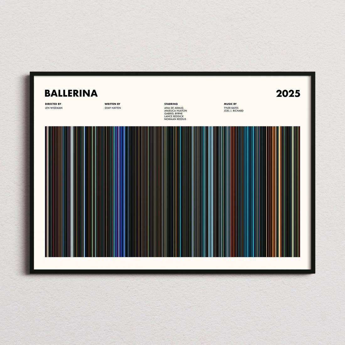 Ballerina Movie Barcode Poster framed and photographed straight on