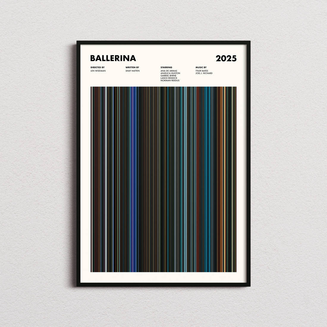 Ballerina Movie Barcode Poster framed on a plain studio wall