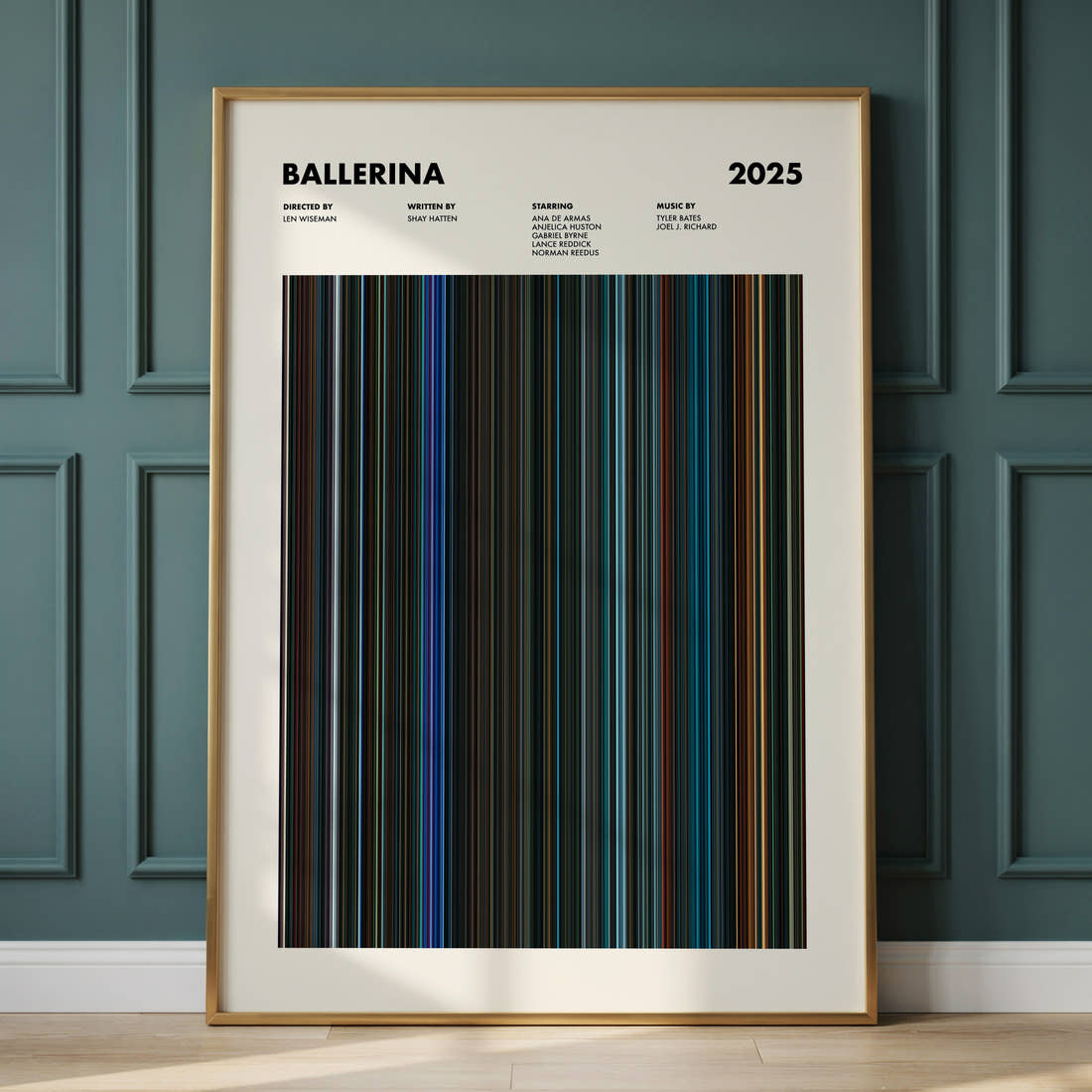 Ballerina Movie Barcode Poster framed and leaning against a panelled wall