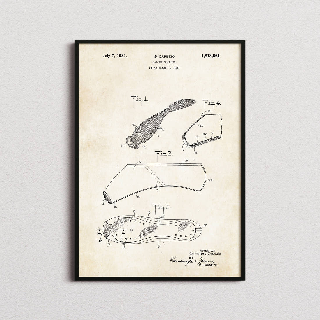 Ballet Slipper Patent Print in the aged paper colourway, framed