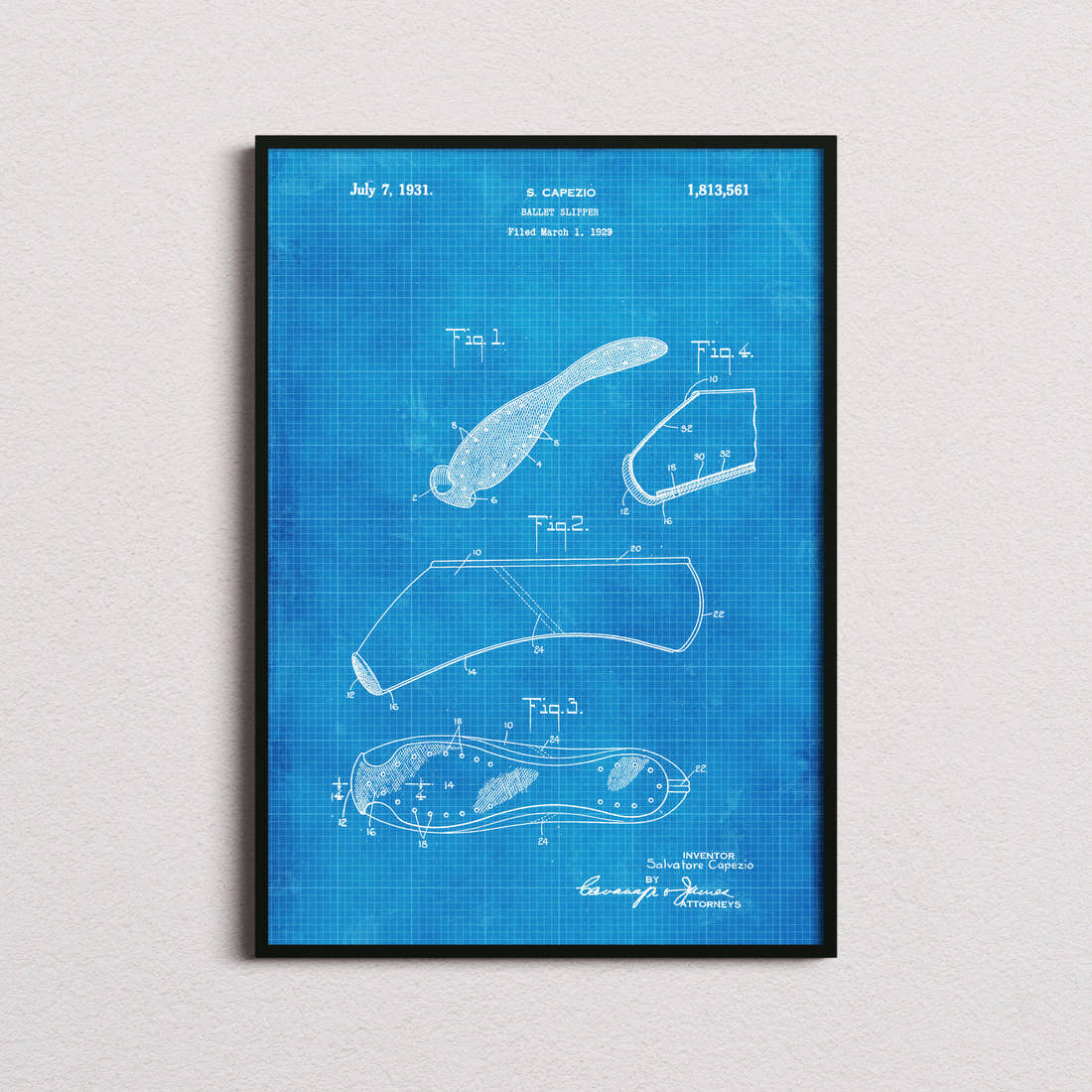 Ballet Slipper Patent Print in the blueprint colourway, framed