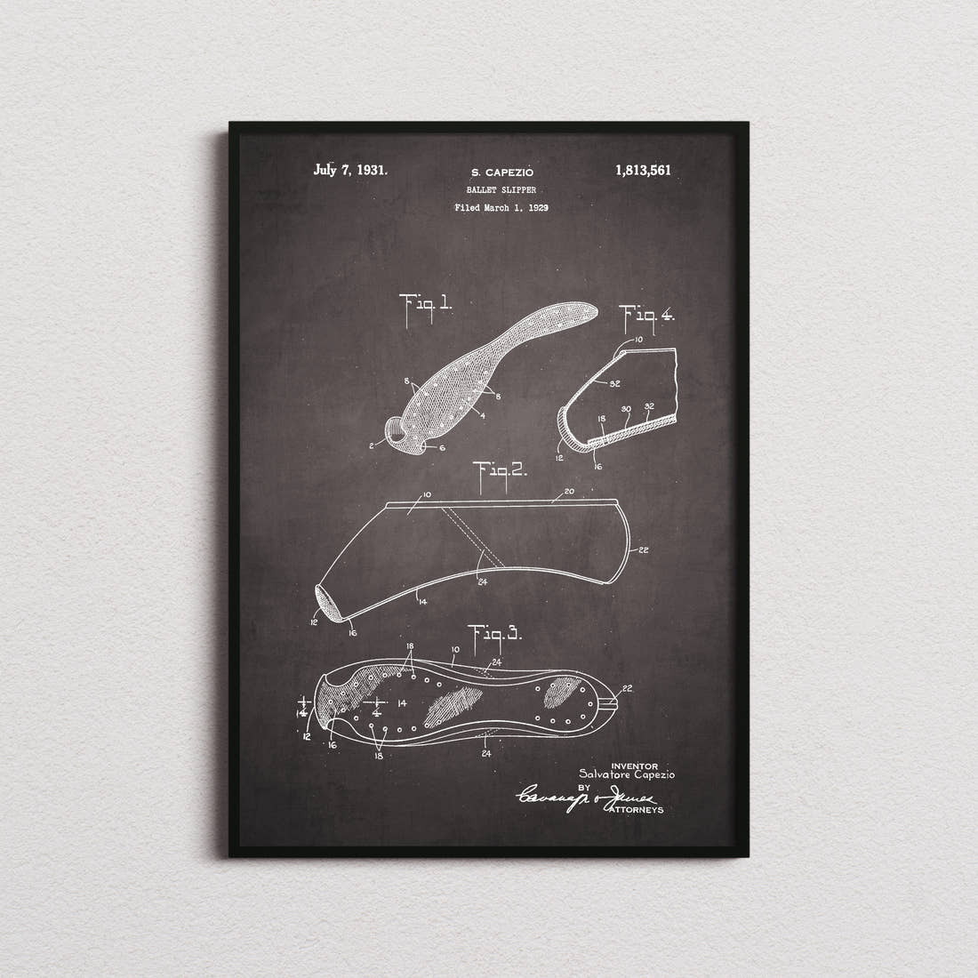 Ballet Slipper Patent Print in the blackboard colourway, framed