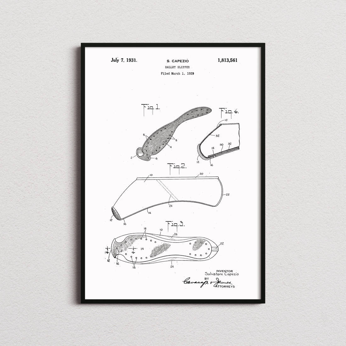 Ballet Slipper Patent Print in the white colourway, framed