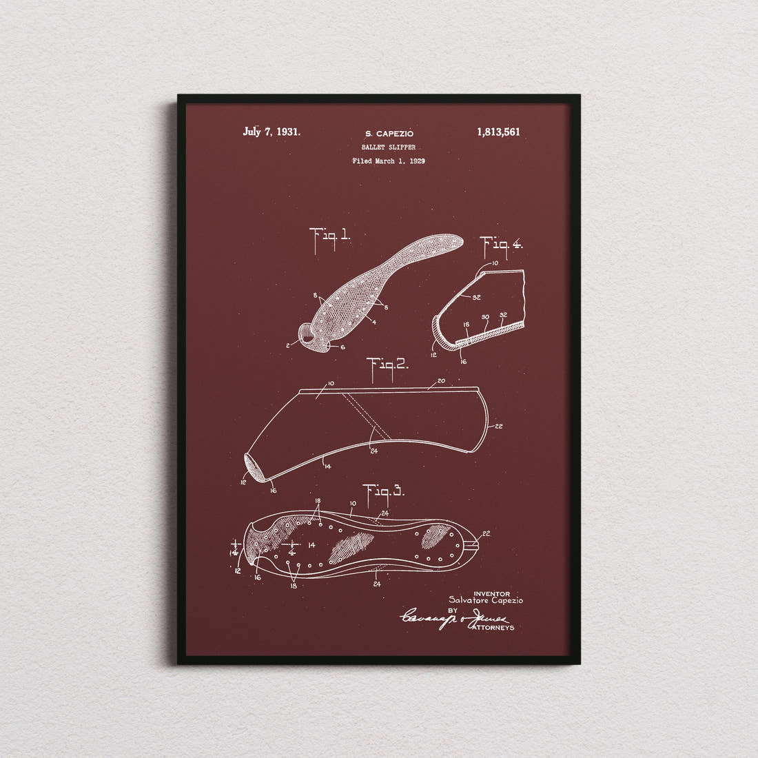 Ballet Slipper Patent Print in the burgundy colourway, framed