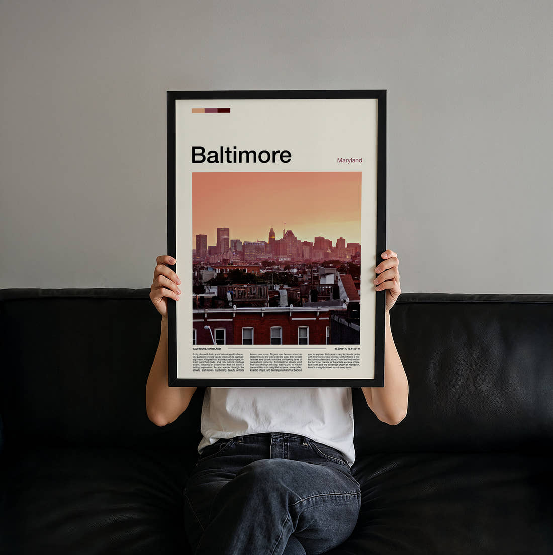 Baltimore Rooftops And Skyline Travel Print held up by hand to show the size of the print