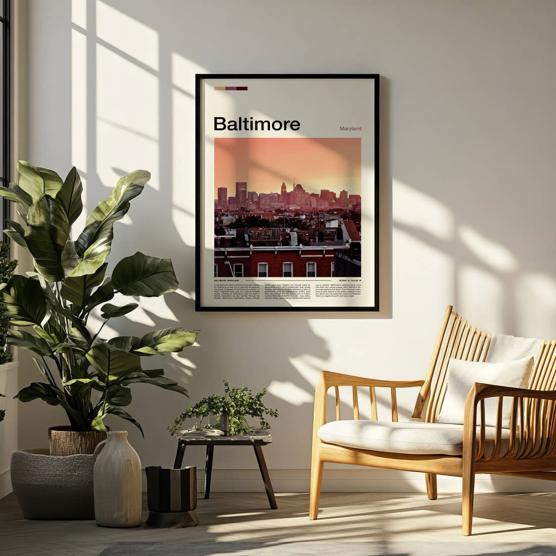 Baltimore Rooftops And Skyline Travel Print framed on a pale wall beside houseplants