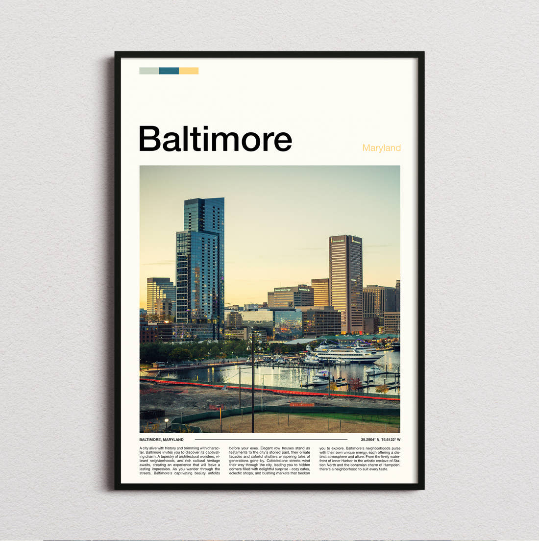 Baltimore Waterfront Skyline Travel Print framed and photographed straight on