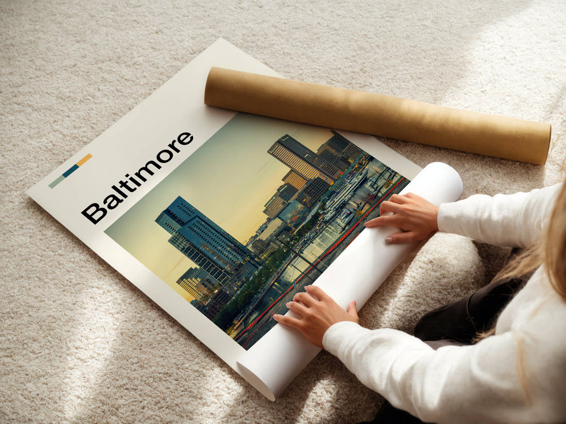 Baltimore Waterfront Skyline Travel Print being unrolled from its postal tube