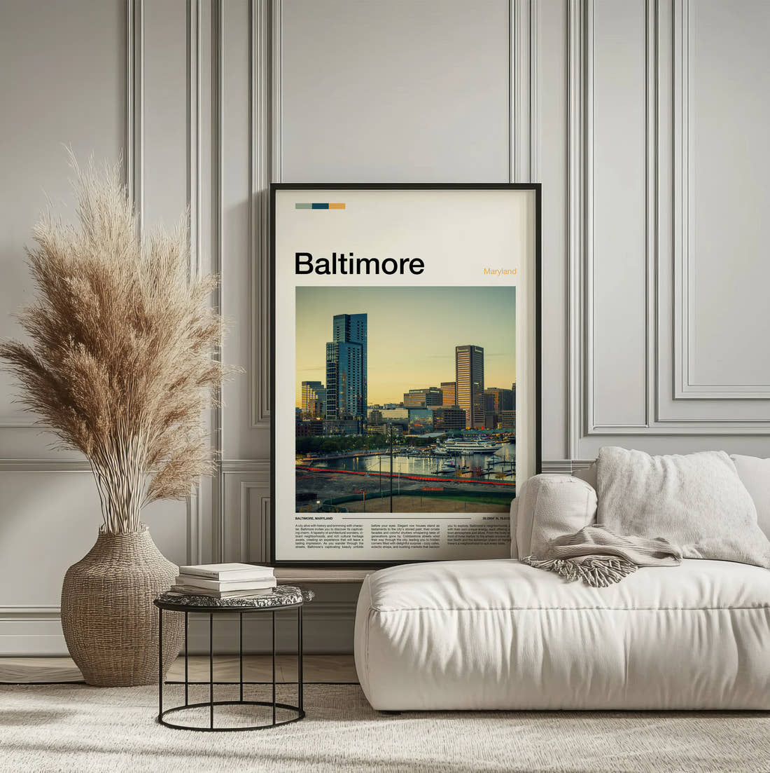 Baltimore Waterfront Skyline Travel Print framed on the wall of a calm, neutral bedroom