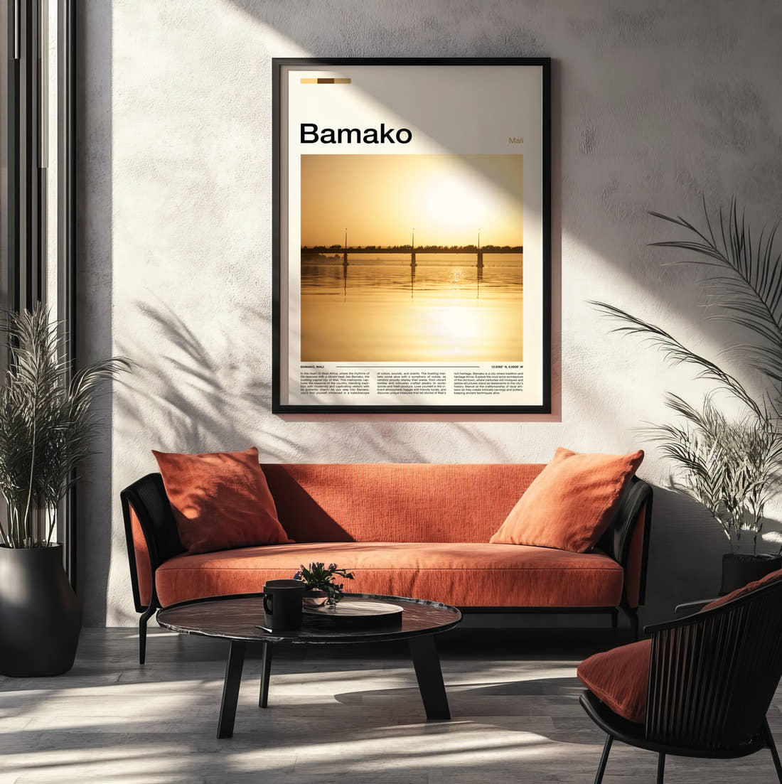 Bamako Bridge At Sunset Travel Print framed on the wall of a modern living room