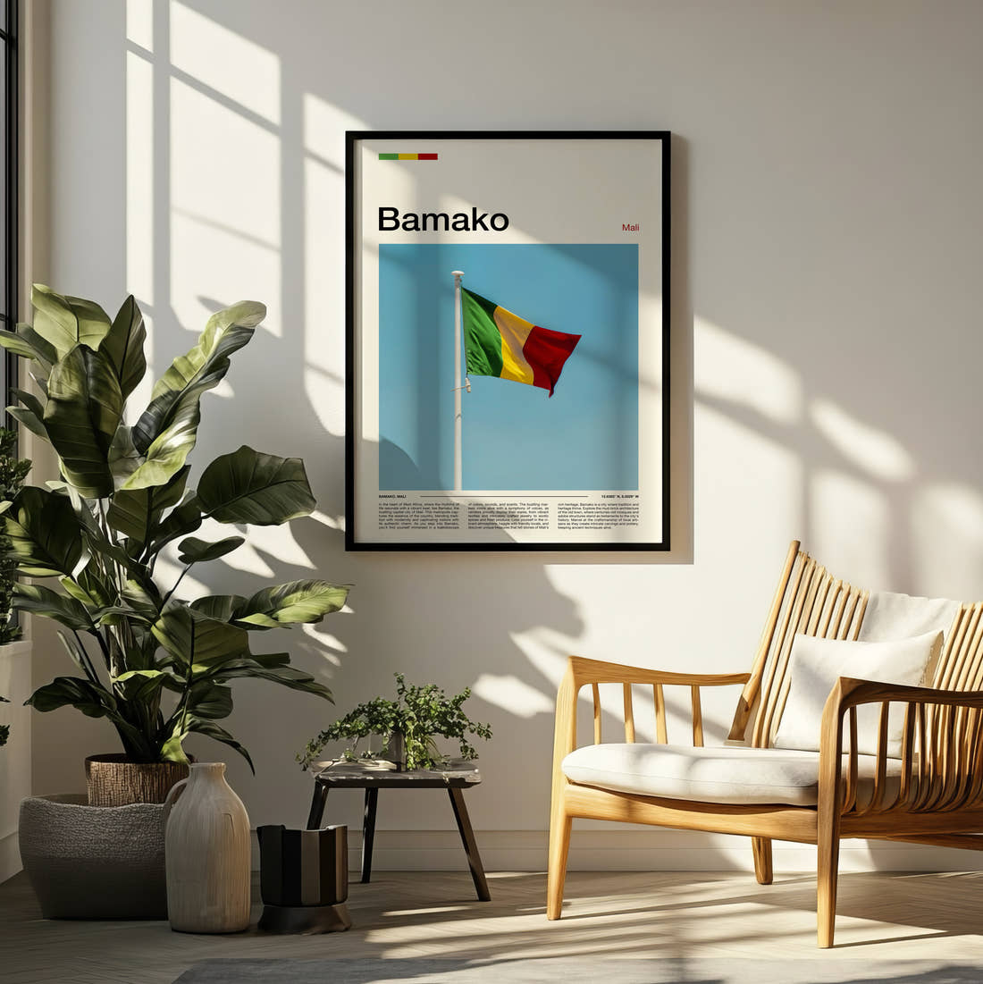 Bamako National Flag Travel Print framed on a pale wall beside houseplants