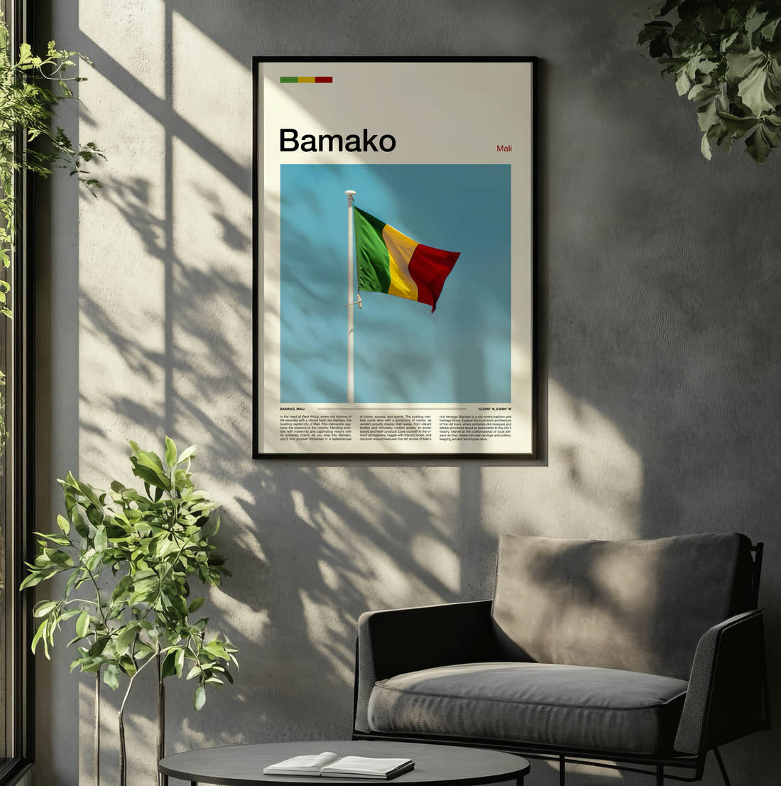 Bamako National Flag Travel Print framed on the wall of a relaxed living room