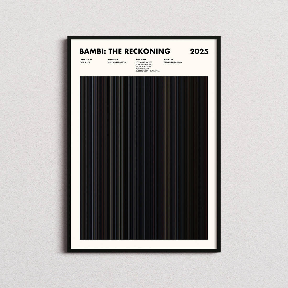 Bambi: The Reckoning Movie Barcode Poster framed on a plain studio wall