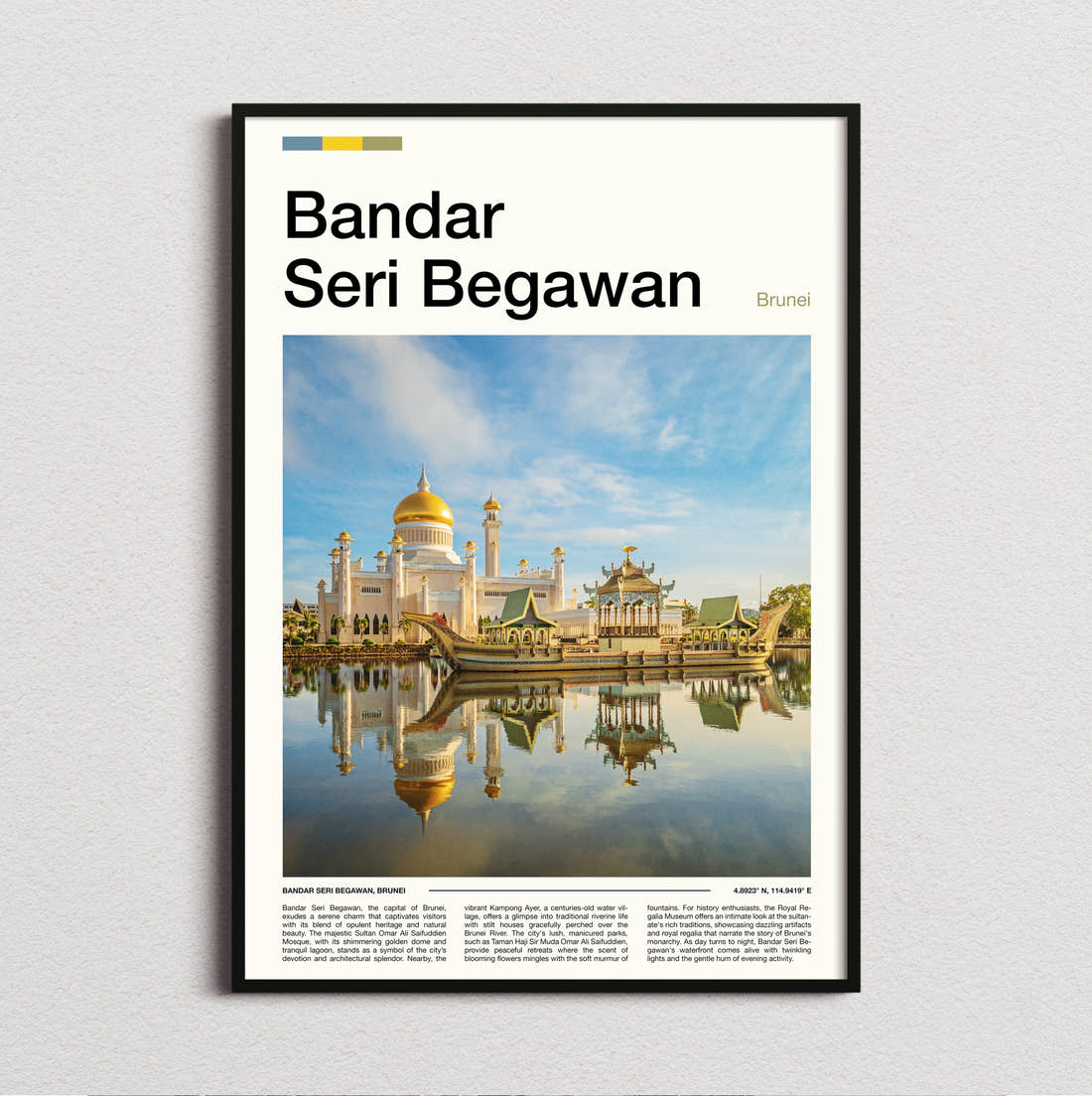 Bandar Seri Begawan Omar Ali Saifuddien Mosque Travel Print framed and photographed straight on