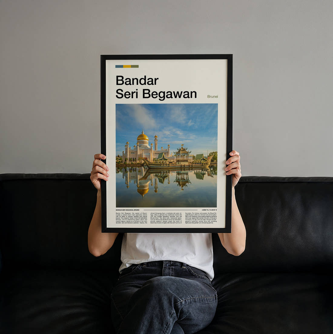Bandar Seri Begawan Omar Ali Saifuddien Mosque Travel Print held up by hand to show the size of the print