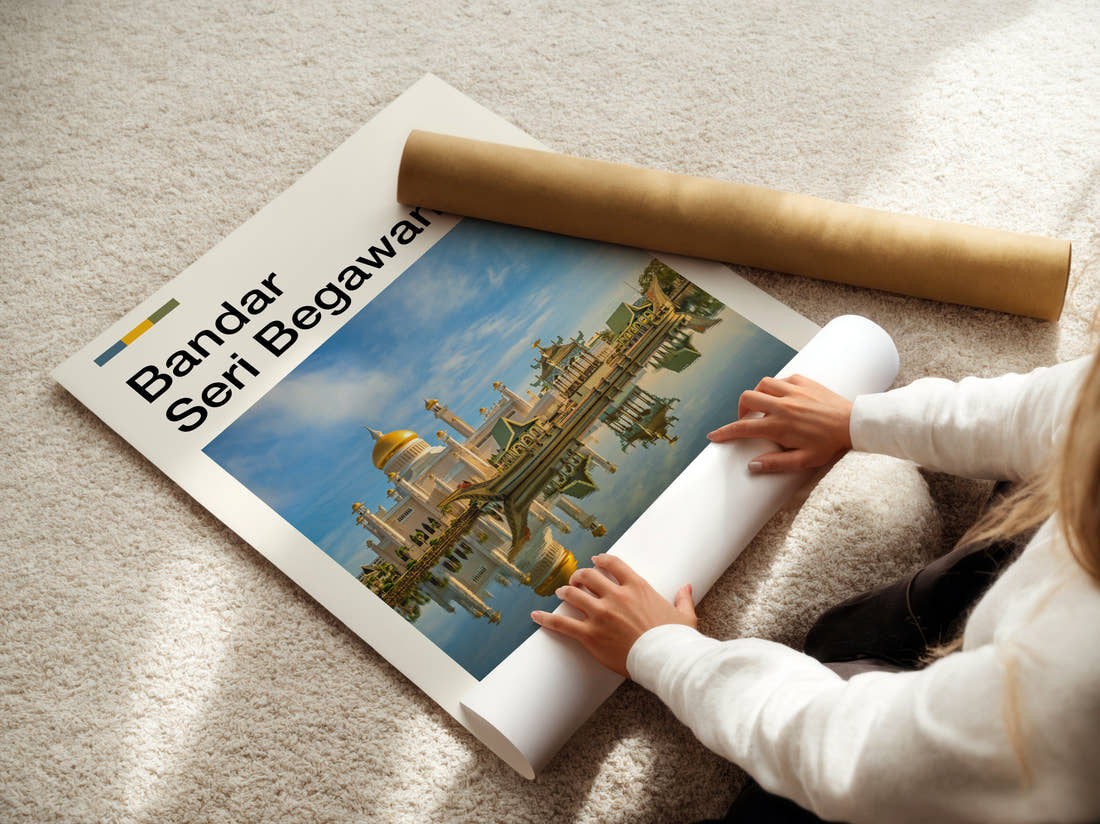 Bandar Seri Begawan Omar Ali Saifuddien Mosque Travel Print being unrolled from its postal tube