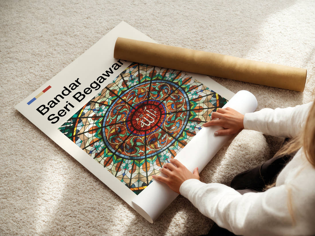 Bandar Seri Begawan Stained Glass Dome Travel Print being unrolled from its postal tube