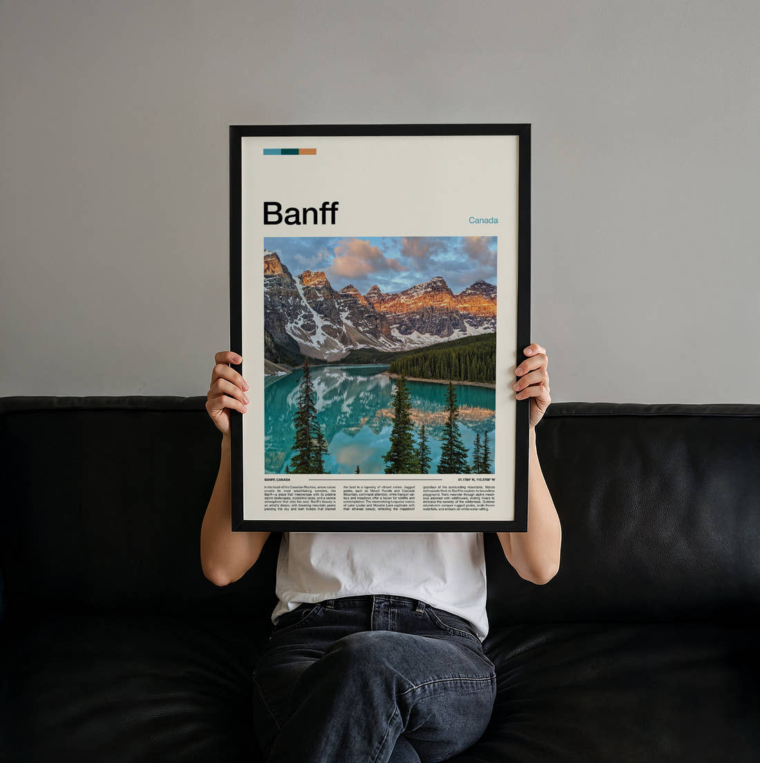 Banff Moraine Lake At Sunrise Travel Print held up by hand to show the size of the print