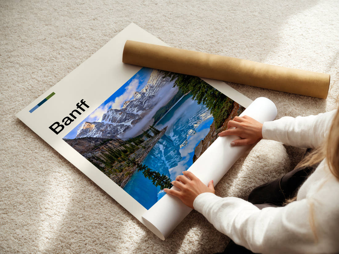 Banff Moraine Lake Morning Mist Travel Print being unrolled from its postal tube