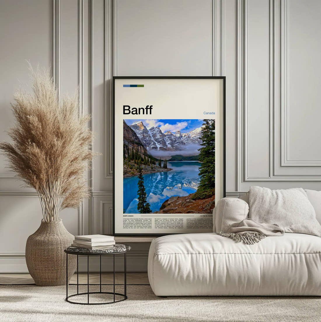 Banff Moraine Lake Morning Mist Travel Print framed on the wall of a calm, neutral bedroom