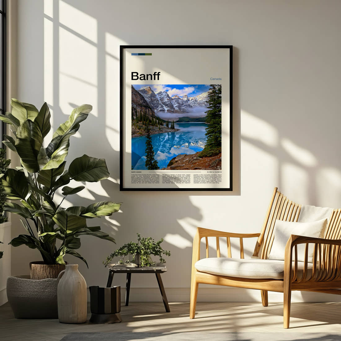 Banff Moraine Lake Morning Mist Travel Print framed on a pale wall beside houseplants