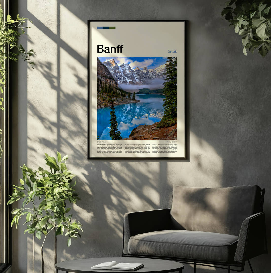 Banff Moraine Lake Morning Mist Travel Print framed on the wall of a relaxed living room
