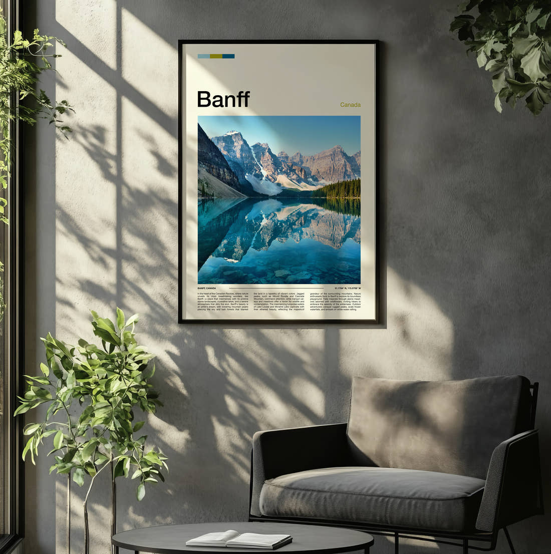 Banff Mountains Reflected In Lake Travel Print framed on the wall of a relaxed living room