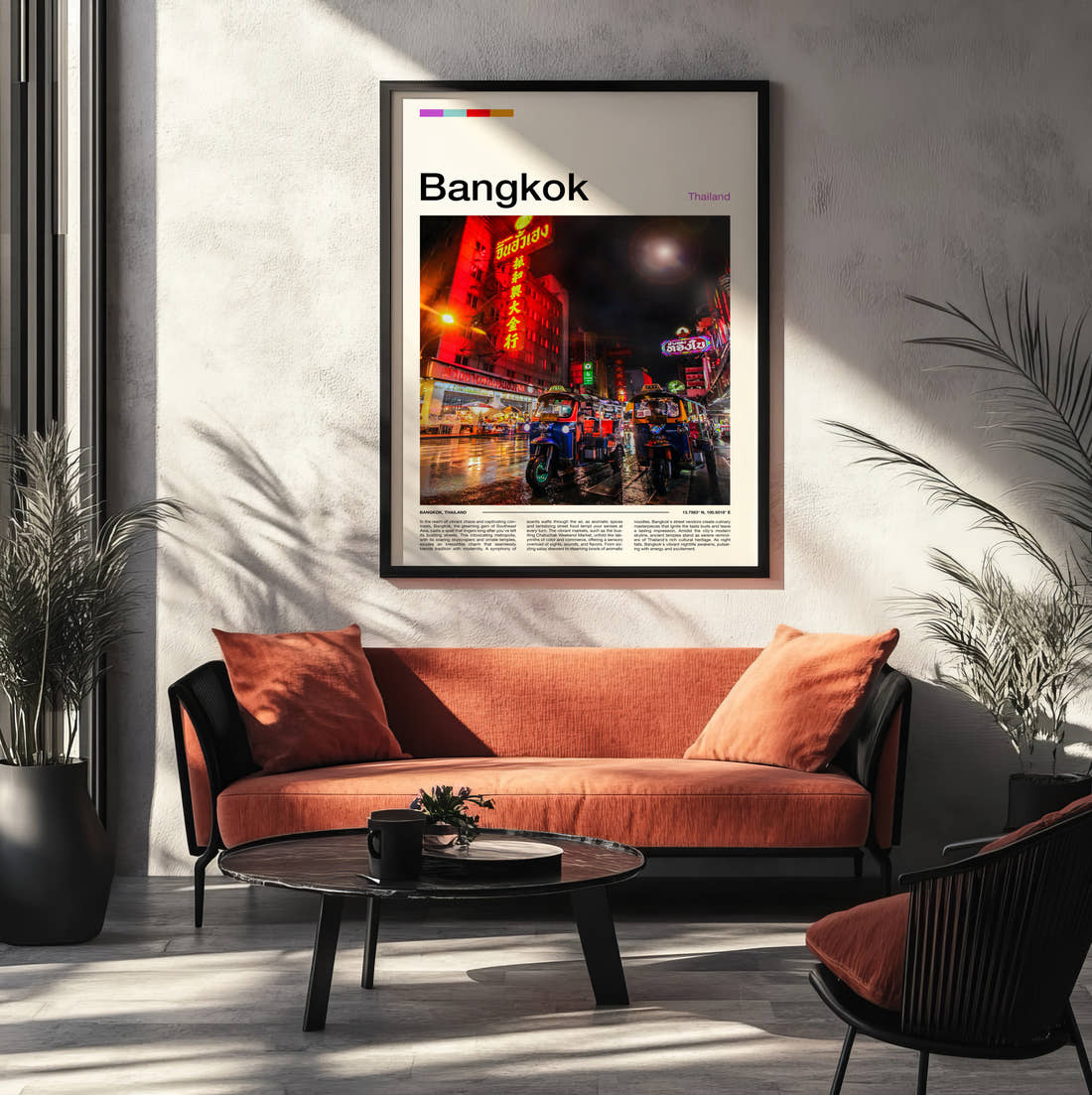 Bangkok Chinatown Neon Signs Travel Print framed on the wall of a modern living room