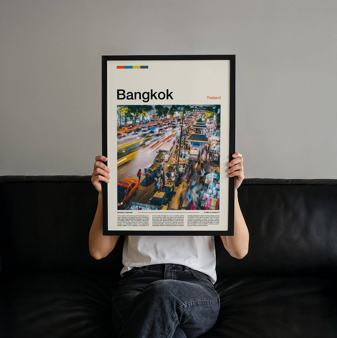 Bangkok Busy Street Traffic Travel Print held up by hand to show the size of the print