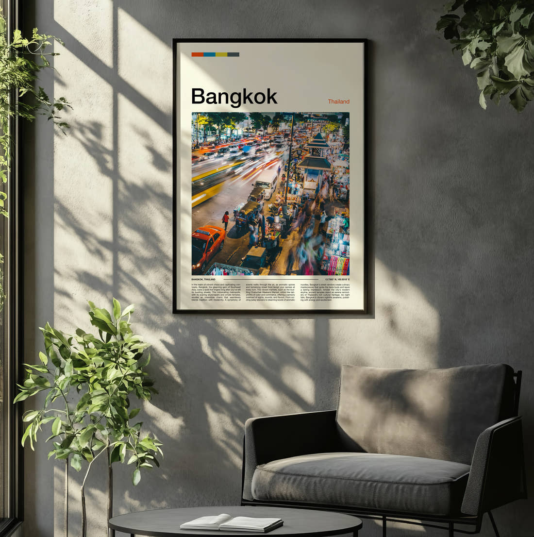 Bangkok Busy Street Traffic Travel Print framed on the wall of a relaxed living room