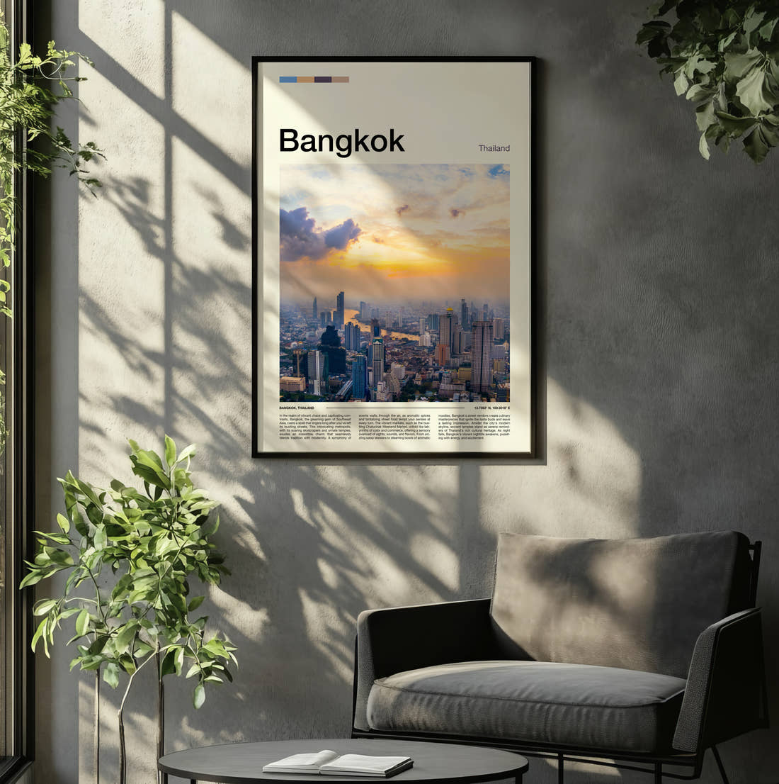 Bangkok Skyline At Sunset Travel Print framed on the wall of a relaxed living room