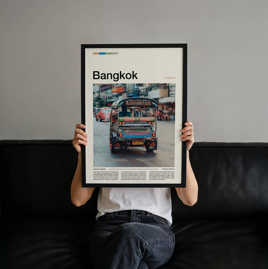 Bangkok Tuk-Tuk Travel Print held up by hand to show the size of the print