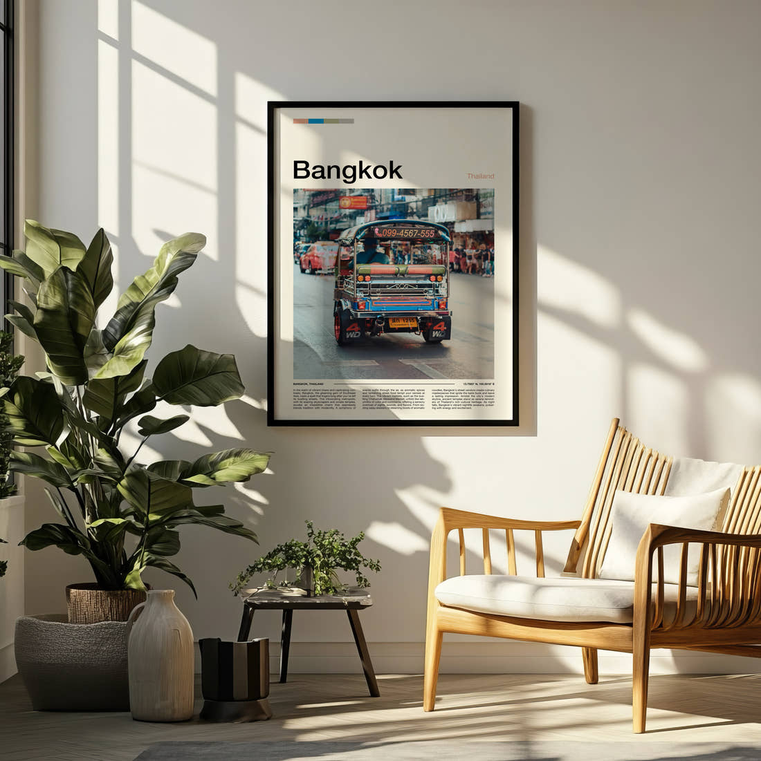 Bangkok Tuk-Tuk Travel Print framed on a pale wall beside houseplants