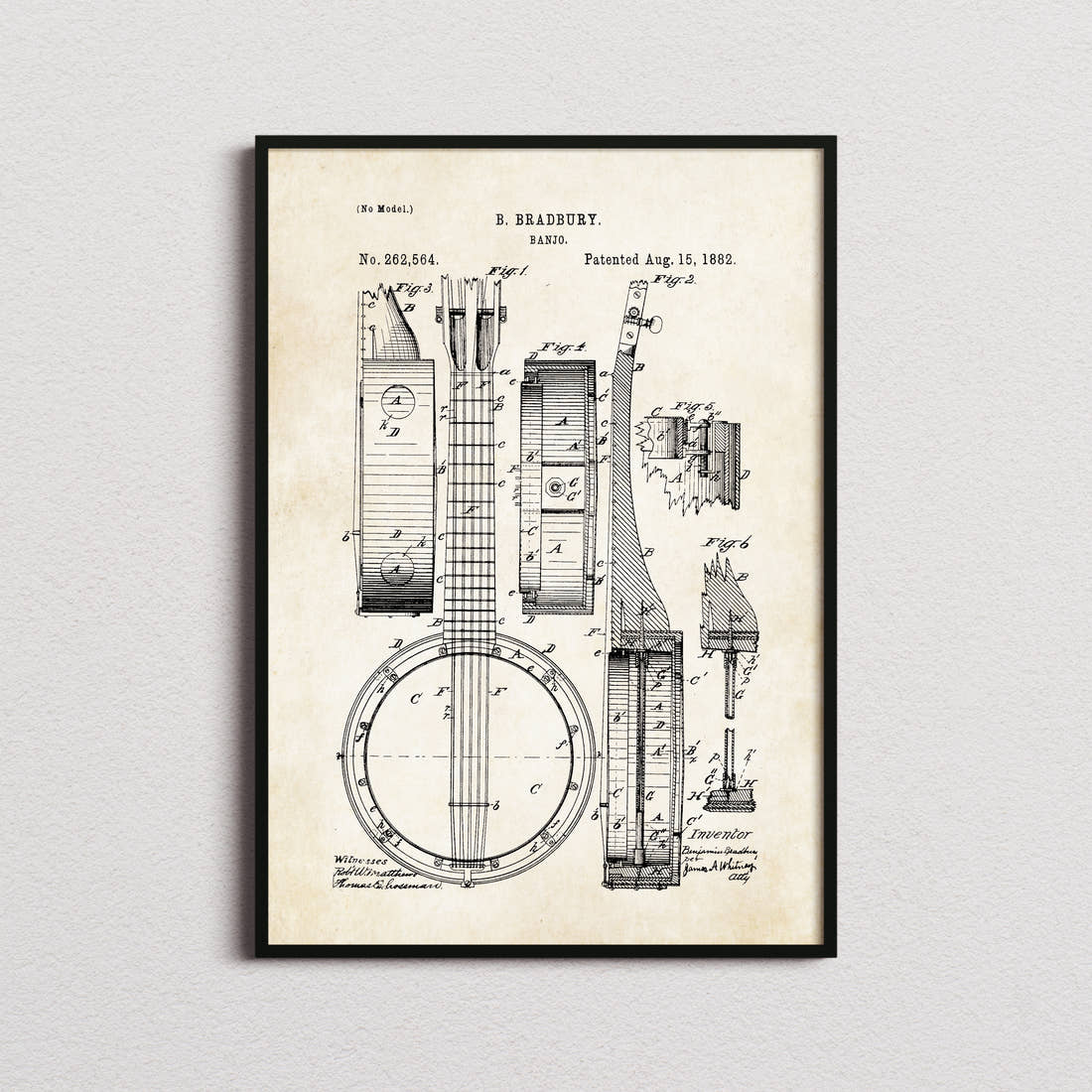 Banjo Patent Print in the aged paper colourway, framed