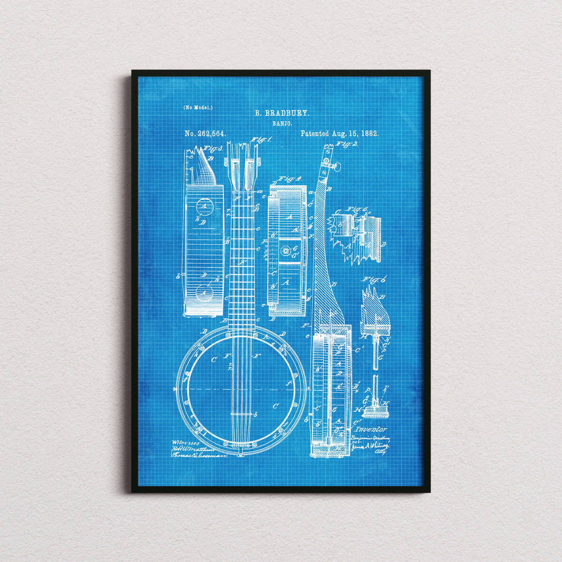 Banjo Patent Print in the blueprint colourway, framed