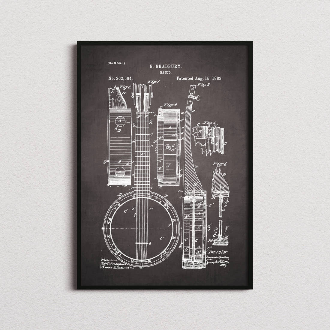 Banjo Patent Print in the blackboard colourway, framed