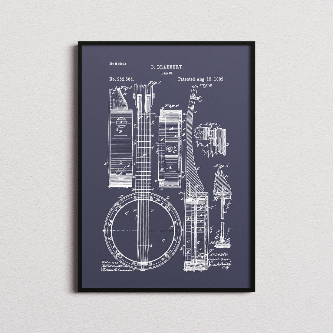 Banjo Patent Print in the navy colourway, framed