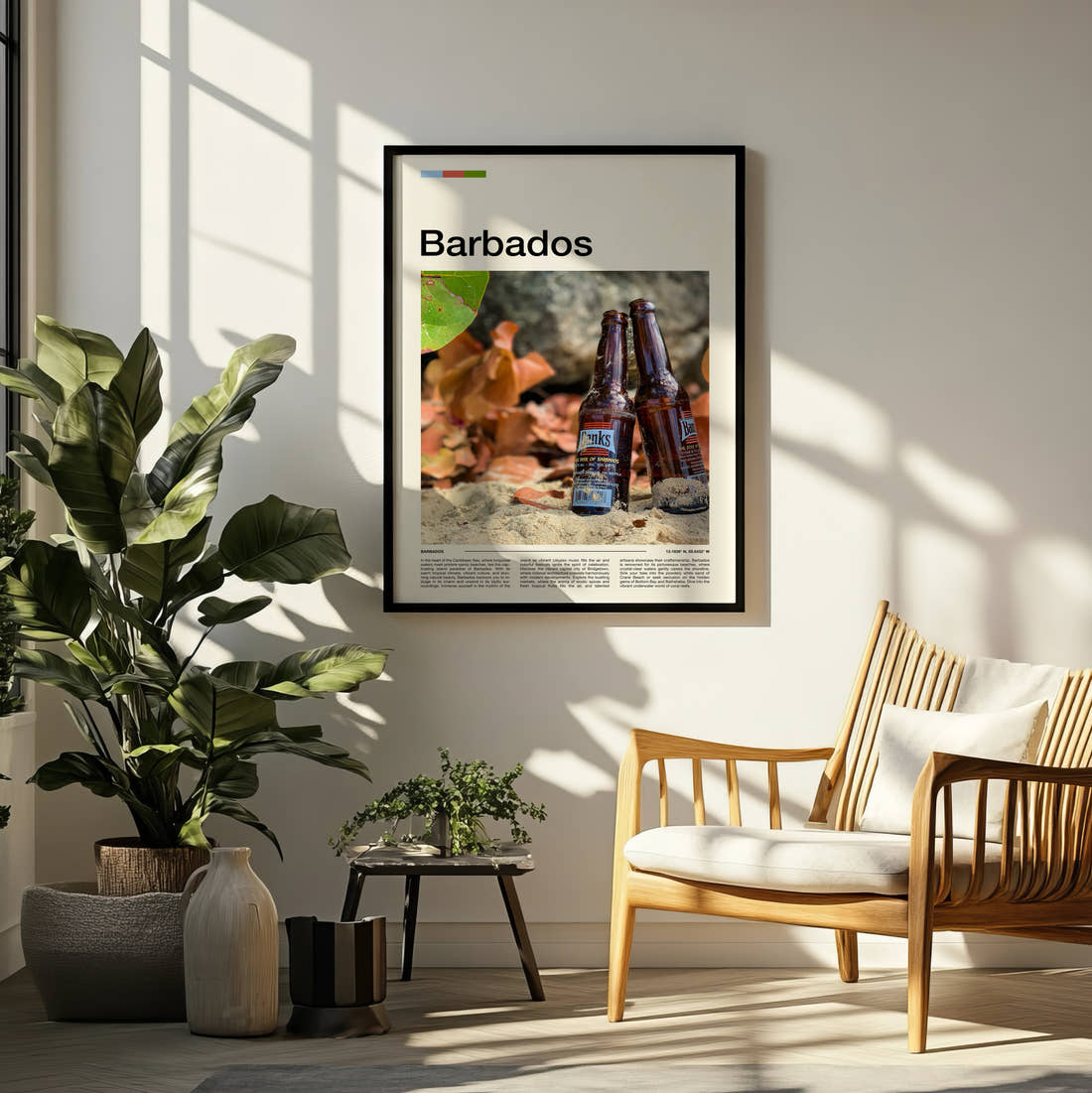 Barbados Beer Bottles On Sand Travel Print framed on a pale wall beside houseplants