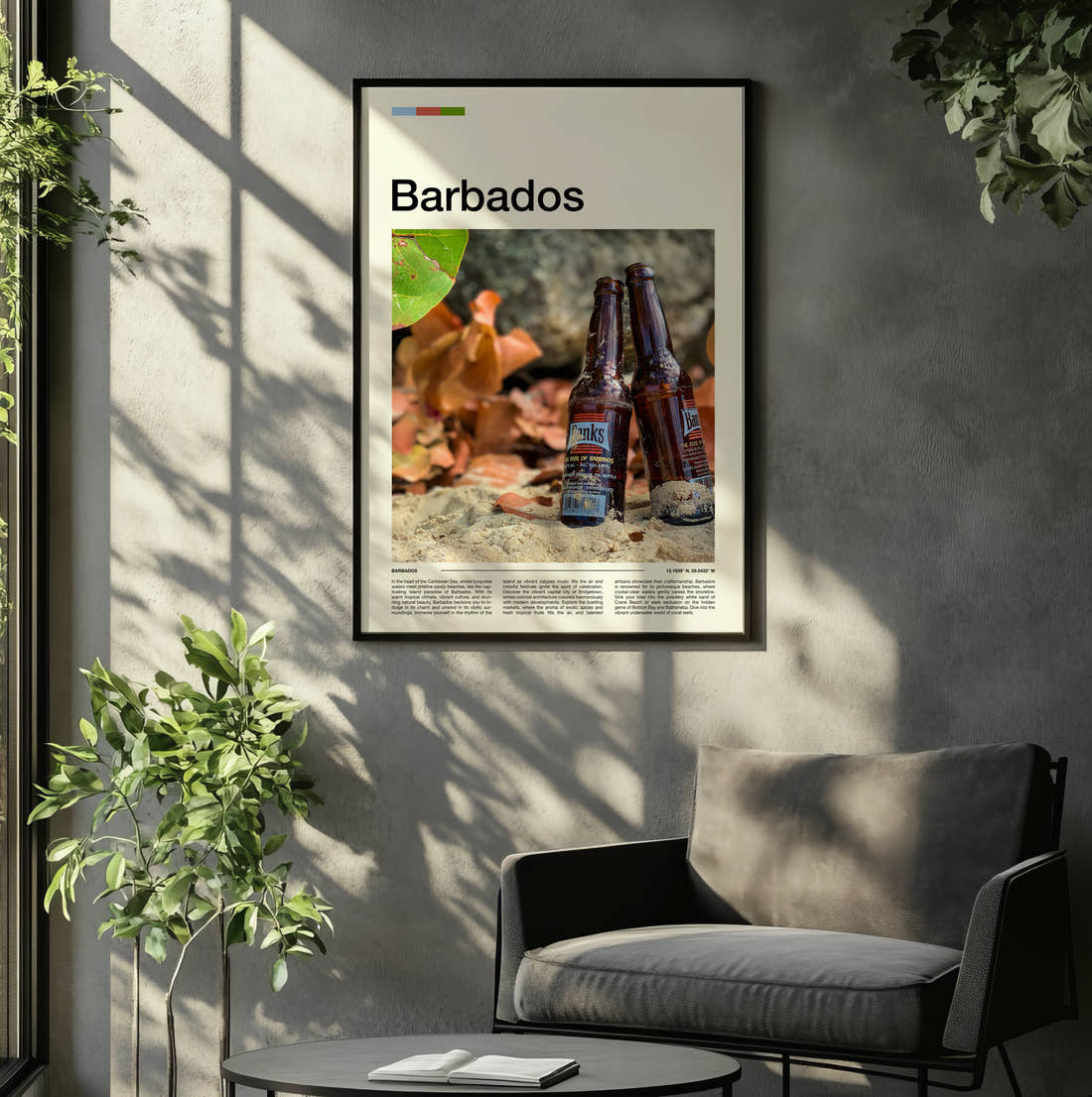 Barbados Beer Bottles On Sand Travel Print framed on the wall of a relaxed living room