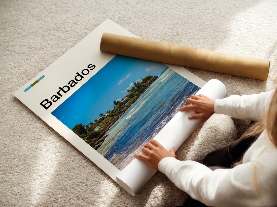 Barbados Rocky Coastline Travel Print being unrolled from its postal tube