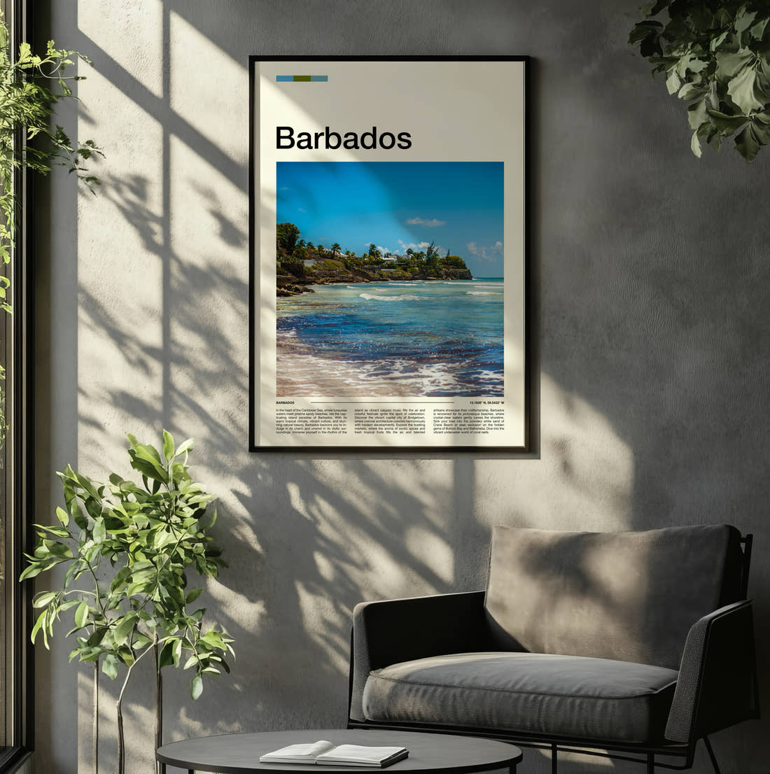 Barbados Rocky Coastline Travel Print framed on the wall of a relaxed living room