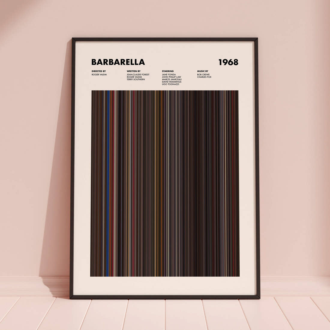 Barbarella Movie Barcode Poster framed and leaning against a coloured wall